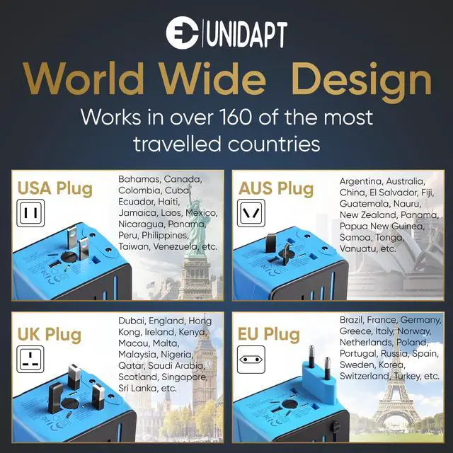 Alt view image 3 of 7 - Universal Travel Adapter, International Plug Adapter Fast 2,4A 4-USB European Power Plug, AC Wall Charger - Worldwide Outlet for Europe US USA UK EU AUS, Blue
