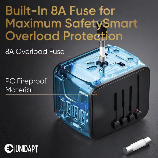 Alt view image 5 of 7 - Universal Travel Adapter, International Plug Adapter Fast 2,4A 4-USB European Power Plug, AC Wall Charger - Worldwide Outlet for Europe US USA UK EU AUS, Blue