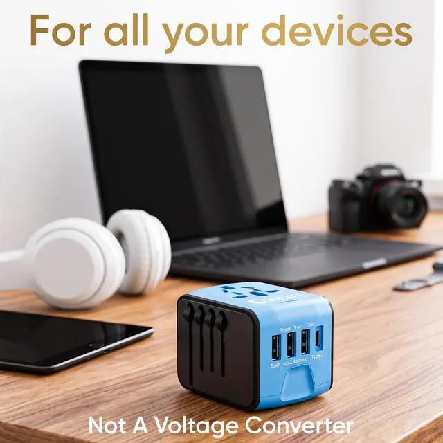 Alt view image 7 of 7 - Universal Travel Adapter, International Plug Adapter Fast 2,4A 4-USB European Power Plug, AC Wall Charger - Worldwide Outlet for Europe US USA UK EU AUS, Blue