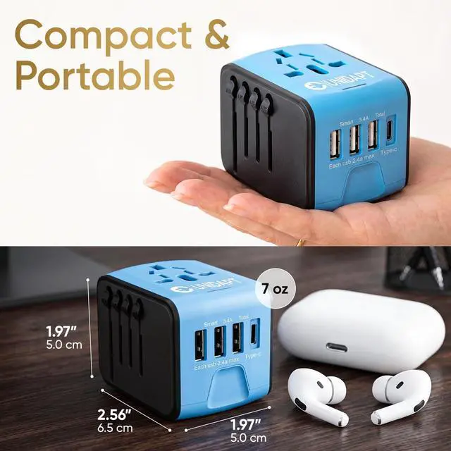 Alt view image 6 of 7 - Universal Travel Adapter, International Plug Adapter Fast 2,4A 4-USB European Power Plug, AC Wall Charger - Worldwide Outlet for Europe US USA UK EU AUS, Blue