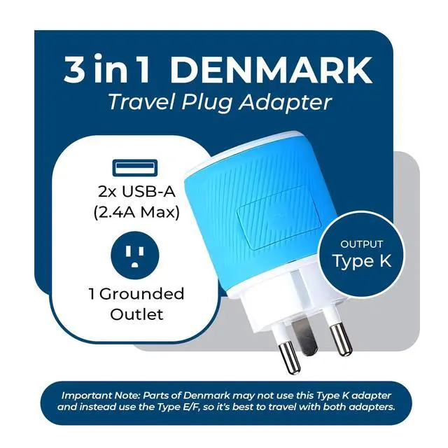 Alt view image 2 of 7 - Denmark Travel Plug Adapter with Dual USB - USA Input - Type K (U2U-20), Will Work with Cell Phones, Camera, Laptop, Tablets, iPad, iPhone and More