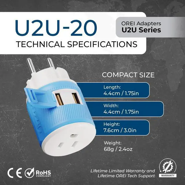 Alt view image 5 of 7 - Denmark Travel Plug Adapter with Dual USB - USA Input - Type K (U2U-20), Will Work with Cell Phones, Camera, Laptop, Tablets, iPad, iPhone and More