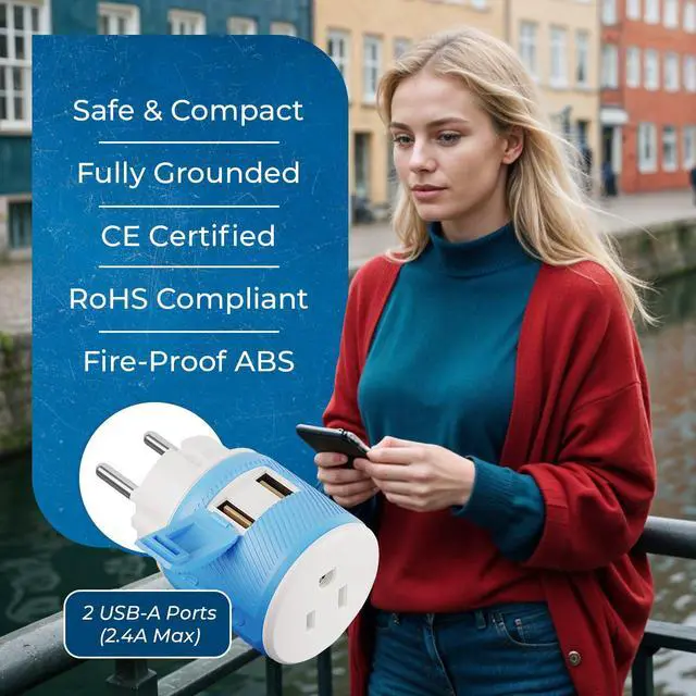 Alt view image 7 of 7 - Denmark Travel Plug Adapter with Dual USB - USA Input - Type K (U2U-20), Will Work with Cell Phones, Camera, Laptop, Tablets, iPad, iPhone and More