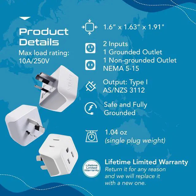 Alt view image 4 of 7 - Australia Power Plug Adapter, 2 in 1 Type I Plug Adapter, US to Australia , China, New Zealand Power Adapter with Dual USA Inputs, CE, RoHS - 3 Pack