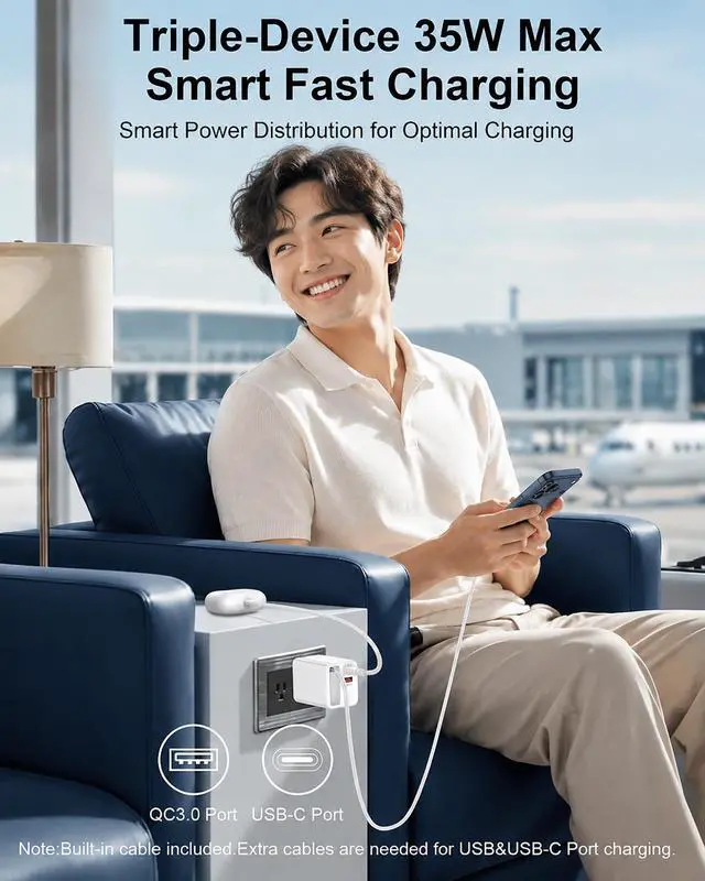 Alt view image 3 of 7 - 35w Retractable iPhone Wall Charger USB C, 3-in-1 Fast Charging Bloc