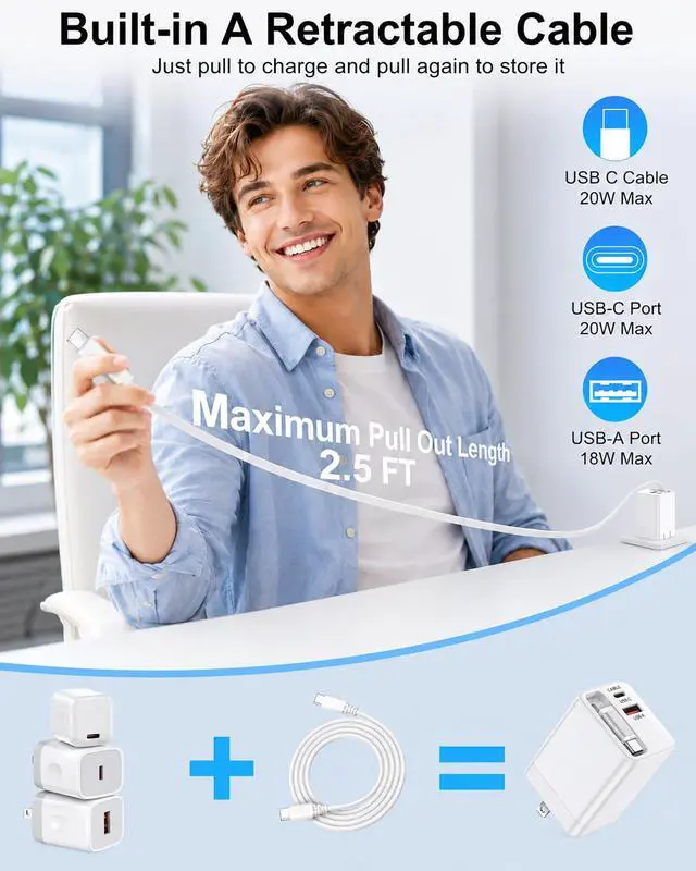 Alt view image 4 of 7 - 35w Retractable iPhone Wall Charger USB C, 3-in-1 Fast Charging Bloc