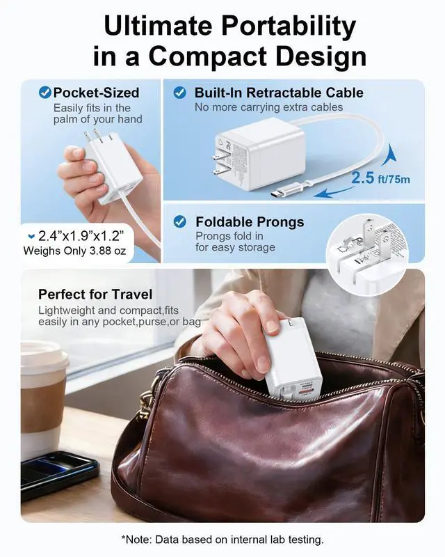 Alt view image 5 of 7 - 35w Retractable iPhone Wall Charger USB C, 3-in-1 Fast Charging Bloc