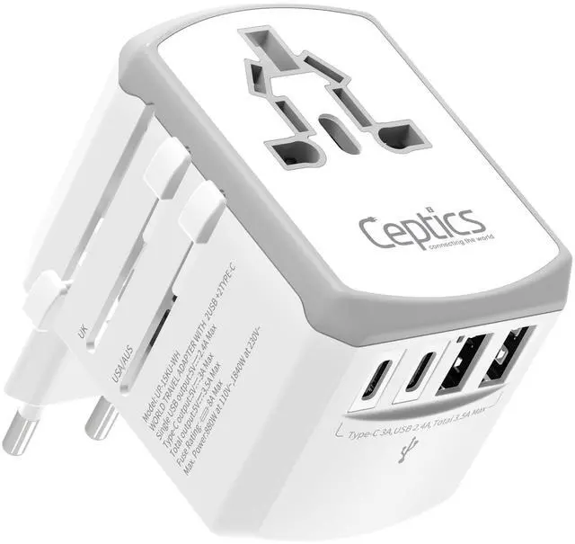 Main image of Universal Travel Adapter 17.5W, 5 in 1 Universal Laptop Charger with 2X USB-A & USB-C 3.5A for Mobiles, Laptops, Cameras US, UK, EU, AU, All in 1 Type A, C, G, I Output, White