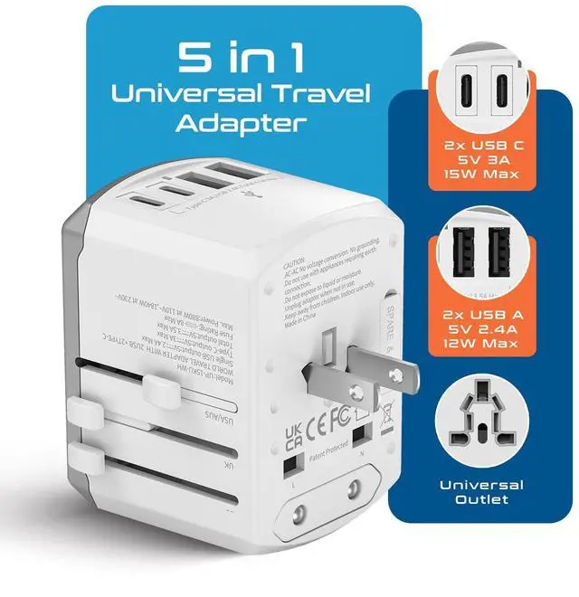 Alt view image 2 of 7 - Universal Travel Adapter 17.5W, 5 in 1 Universal Laptop Charger with 2X USB-A & USB-C 3.5A for Mobiles, Laptops, Cameras US, UK, EU, AU, All in 1 Type A, C, G, I Output, White