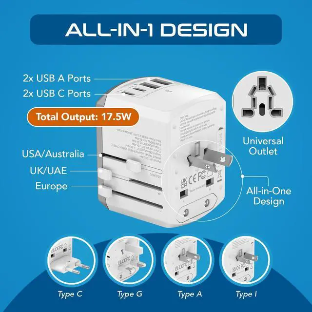 Alt view image 3 of 7 - Universal Travel Adapter 17.5W, 5 in 1 Universal Laptop Charger with 2X USB-A & USB-C 3.5A for Mobiles, Laptops, Cameras US, UK, EU, AU, All in 1 Type A, C, G, I Output, White