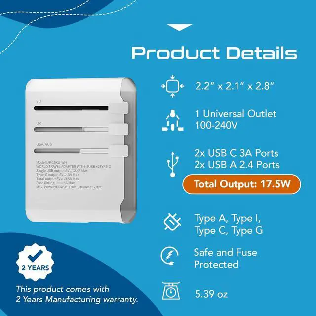 Alt view image 4 of 7 - Universal Travel Adapter 17.5W, 5 in 1 Universal Laptop Charger with 2X USB-A & USB-C 3.5A for Mobiles, Laptops, Cameras US, UK, EU, AU, All in 1 Type A, C, G, I Output, White