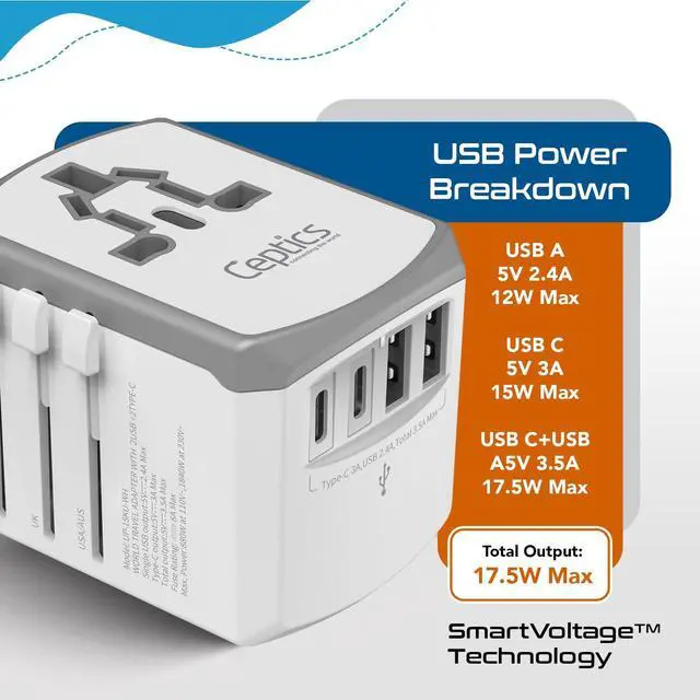 Alt view image 6 of 7 - Universal Travel Adapter 17.5W, 5 in 1 Universal Laptop Charger with 2X USB-A & USB-C 3.5A for Mobiles, Laptops, Cameras US, UK, EU, AU, All in 1 Type A, C, G, I Output, White