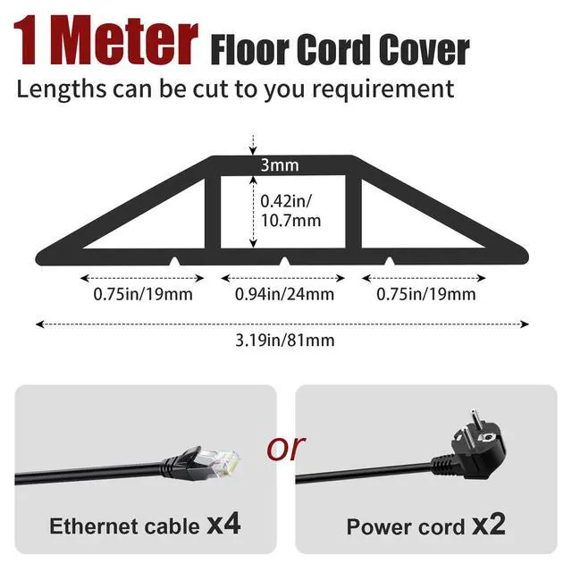 Alt view image 2 of 6 - Cord Cover Floor, 3ft Heavy Duty Cable Protector, Cord Cover for Wires on Floor, Extension Indoor Outdoor Cable Cover Rubber 3 Channel Cable Management Cord Hider Floor, Black