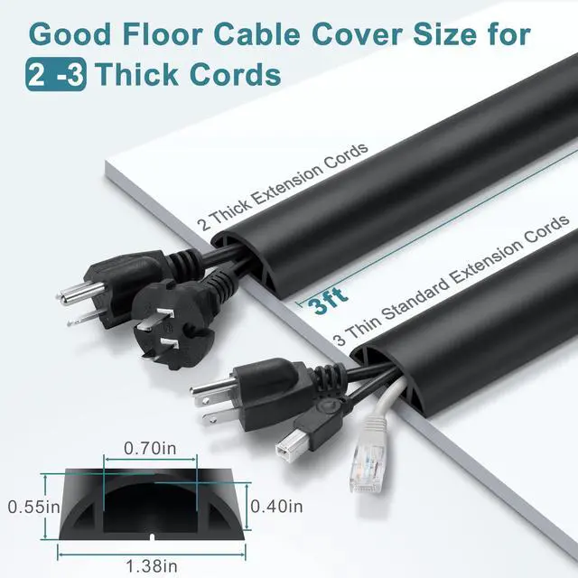 Alt view image 2 of 6 - 3FT PVC Cord Hider, Black Floor Cord Protector with 0.7 x 0.4 Inch Extension, Soft Wire Covers