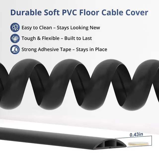 Alt view image 3 of 7 - 3.6ft Floor Cord Cover, Cable Cavity 0.6" W x 0.3" H, Black