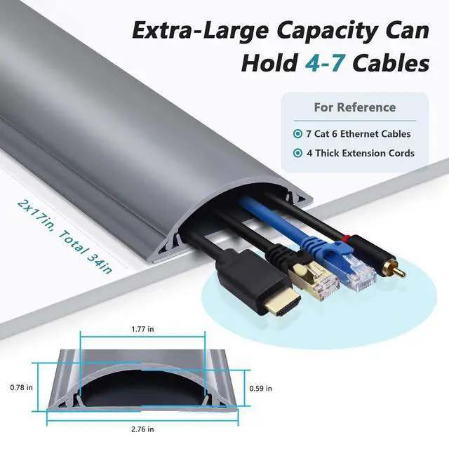 Alt view image 2 of 6 - 34in Cord Covers for Wires on Floor, Large Capacity Wire Hider, Grey