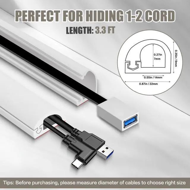 Alt view image 7 of 7 - Cord Wall Cover, 39in Self-Adhesive Wire Covers for Cords on Wall, Extension Cable Hider for Floor, Mounted Tv, Home and Office Cavity 0.63" Wx0.31 H (White)