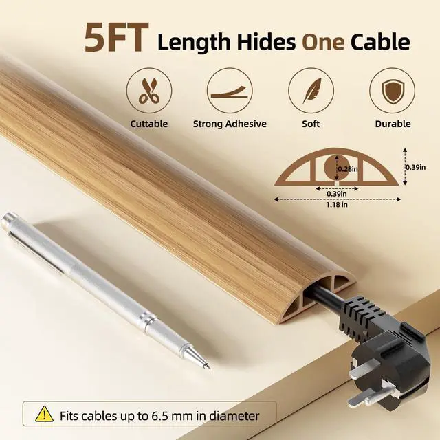 Alt view image 3 of 7 - Floor Cord Cover Self Adhesive Cord Hider, 5FT Cord Covers for Wires on Floor, Easy Cut Cord Protector Floor, Suitable for Home & Office, Brownwood