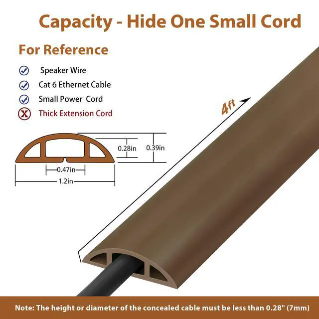 Alt view image 2 of 5 - 4ft Cord Hider Floor for 1 Small Wire, Soft PVC Cord Covers for Wires on Floor, Wire Cover to Hide Power Cords, Cable Cover Protect Cords, Cable Cavity: W0.47in x H0.28in Vintage Coffee Brown