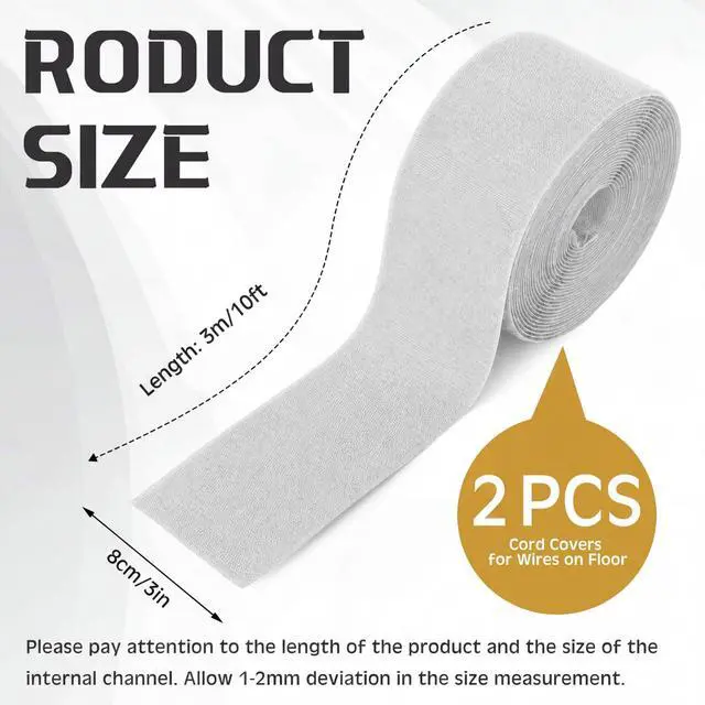 Alt view image 2 of 7 - 2 Pack 10 ft x 3 Inch Cable Floor Strip Cable Cover Cords Carpet Protector Management Hook and Loop Tape for Wires on Floor Cords and Prevent a Trip Hazard (Gray)