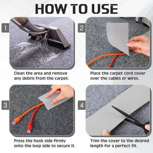 Alt view image 5 of 7 - 2 Pack 10 ft x 3 Inch Cable Floor Strip Cable Cover Cords Carpet Protector Management Hook and Loop Tape for Wires on Floor Cords and Prevent a Trip Hazard (Gray)