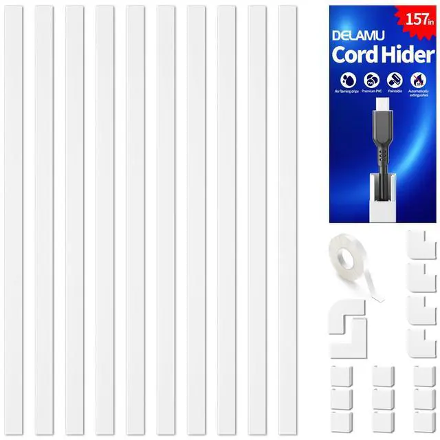 Main image of 157in Cord Covers for Wires on Wall, Cord Hider for 1 Cord, Paintable Cable Hider, Cable Management Wire Covers for Cords, W0.55 H0.4in, White