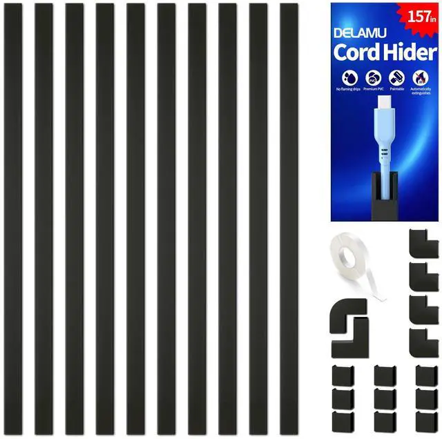 Main image of 157in Cord Covers for Wires on Wall, Cord Hider for 1 Cord, Paintable Cable Hider, Cable Management Wire Covers for Cords,W0.55 H0.4in, Black