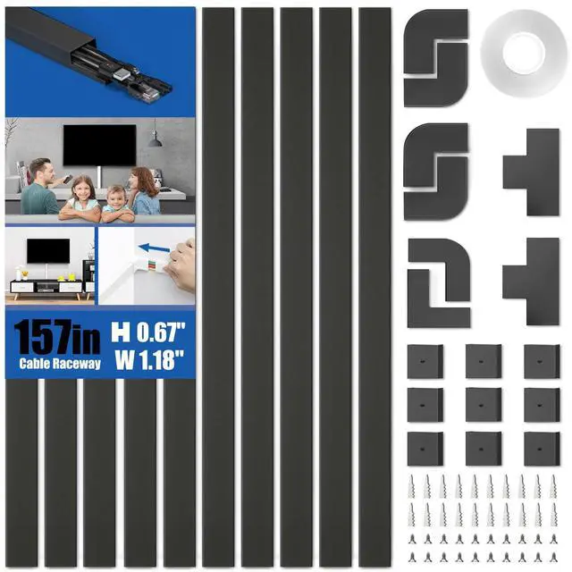 Main image of 157in Cord Hider, Cord Cover Wall Cable Management, Paintable Wire Cover for Cords, Cable Hider Raceway Kit, Cable Cover Concealer, Wire Hiders for TV on Wall, 10 X L15.7 W1.18 H0.6in, Black