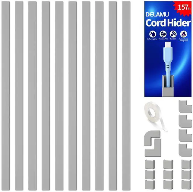 Main image of 157in Cord Covers for Wires on Wall, Cord Hider for 1 Cord, Paintable Cable Hider, Cable Management Wire Covers for Cords, W0.55 H0.4in, Grey