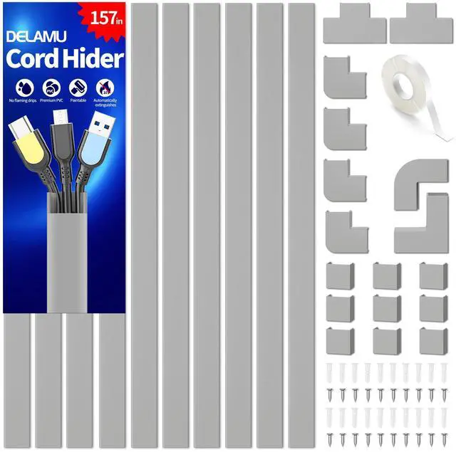 Main image of Grey Cord Hider, 157in Cord Covers for 2-3 Wires on Wall, TV Cable Hider Wall, Wire Covers for Cords on Wall, Cable Raceway Cover Wire Hider Management, TV Cord Hider Wall, W0.95 H0.55in, Grey