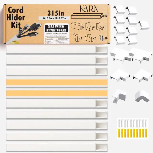 Main image of 157" Cord Hider Kit | 10 Pcs 15.7in Paintable Cable Raceway with Connectors | T & L Corners | Inside & Outside Elbows | Screws and Anchors | Wall Cable Concealer for TV