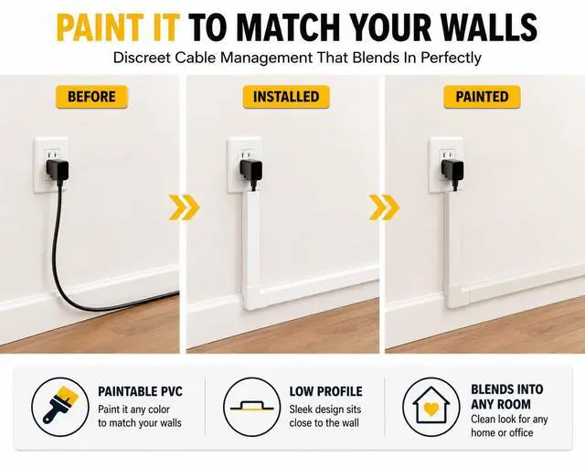 Alt view image 4 of 7 - 157" Cord Hider Kit | 10 Pcs 15.7in Paintable Cable Raceway with Connectors | T & L Corners | Inside & Outside Elbows | Screws and Anchors | Wall Cable Concealer for TV