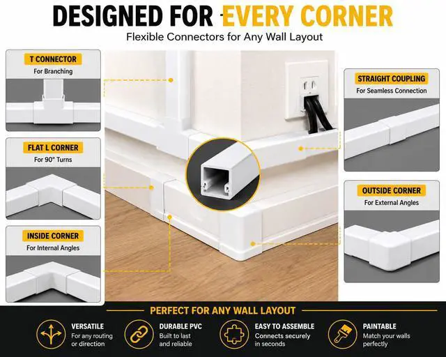 Alt view image 3 of 7 - 157" Cord Hider Kit | 10 Pcs 15.7in Paintable Cable Raceway with Connectors | T & L Corners | Inside & Outside Elbows | Screws and Anchors | Wall Cable Concealer for TV