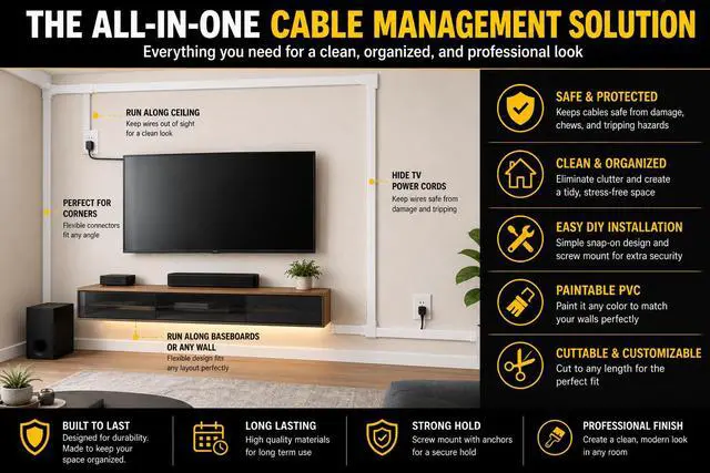 Alt view image 6 of 7 - 157" Cord Hider Kit | 10 Pcs 15.7in Paintable Cable Raceway with Connectors | T & L Corners | Inside & Outside Elbows | Screws and Anchors | Wall Cable Concealer for TV
