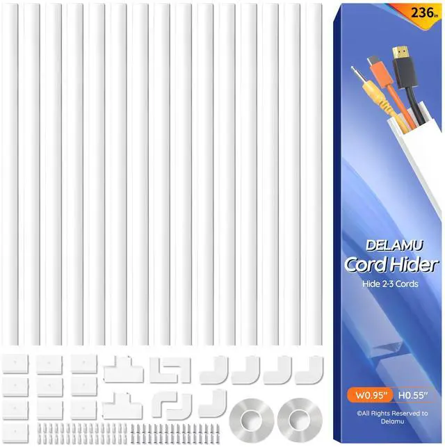 Main image of 236in Cord Hider, Professional Cable Cover Kit for Wall, TV Wire Hider for Wall Mounted TV, Raceway Cover on Management Wires, Cable Concealer, 0.95'' H x 0.55'' W, White