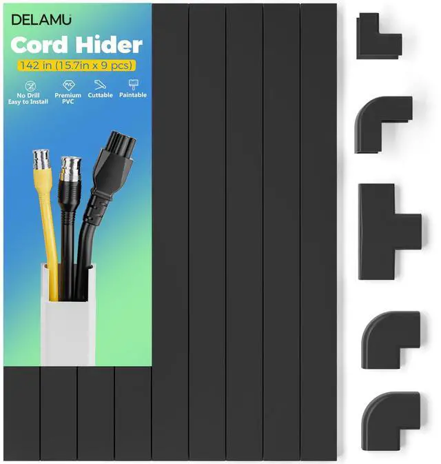 Main image of 142in Black Cord Hider Cable Hider, Cord Covers for 2-3 Wires on Wall, Premium Wire Hiders Wire Covers for Cords on Wall, Easier Setup TV Cable Cover Management Kit, W0.94 H0.47in, Black