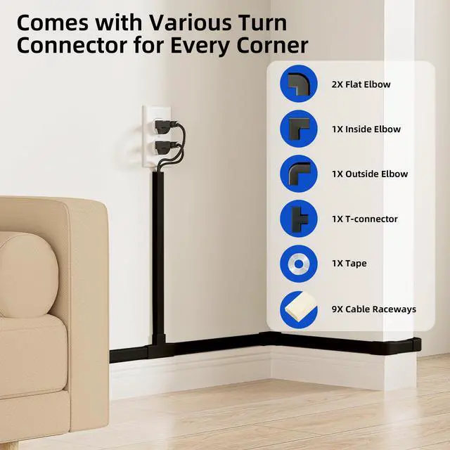 Alt view image 3 of 7 - 142in Black Cord Hider Cable Hider, Cord Covers for 2-3 Wires on Wall, Premium Wire Hiders Wire Covers for Cords on Wall, Easier Setup TV Cable Cover Management Kit, W0.94 H0.47in, Black