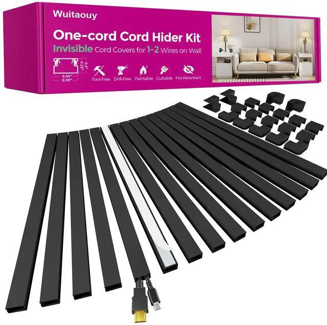 Main image of Black Cord Hider, 212.6in Cord Covers for 1-2 Wires on Wall, Paintable Cable Hider, Wire Hider Wire Covers for Cords on Walls, Easy Set-up Cable Raceway Management to Hide Cords, W0.59 H0.4in, Black