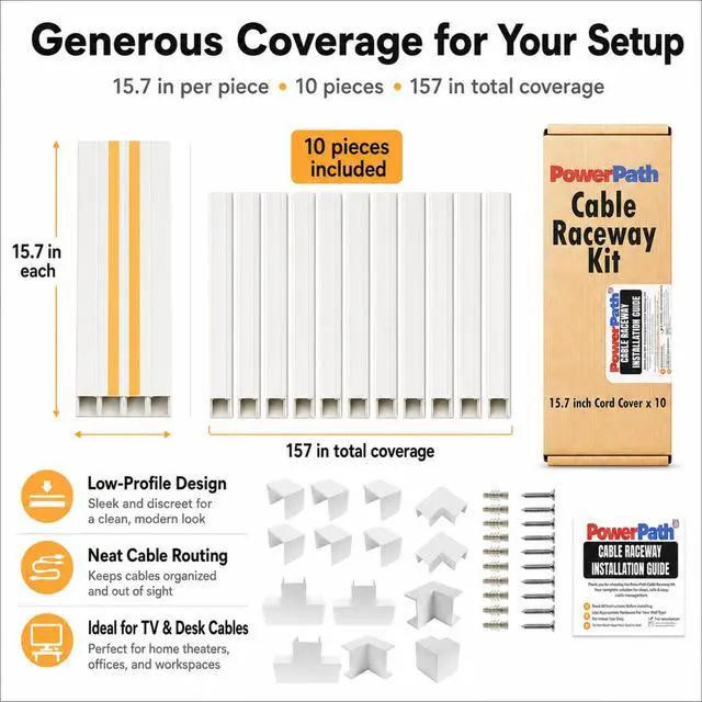 Alt view image 3 of 6 - Cable Management Kit | 157" Cord Hider Kit | 10 Pcs x 15.7in Paintable Cable Raceway with Connectors | T & L Corners | Inside & Outside Elbows | Home Office Essentials | Wall Cable Concealer for TV