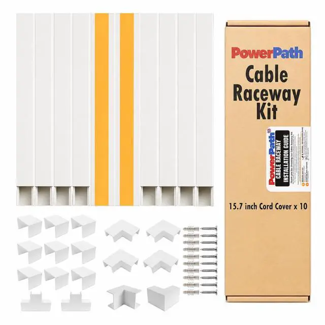 Main image of Cable Management Kit | 157" Cord Hider Kit | 10 Pcs x 15.7in Paintable Cable Raceway with Connectors | T & L Corners | Inside & Outside Elbows | Home Office Essentials | Wall Cable Concealer for TV