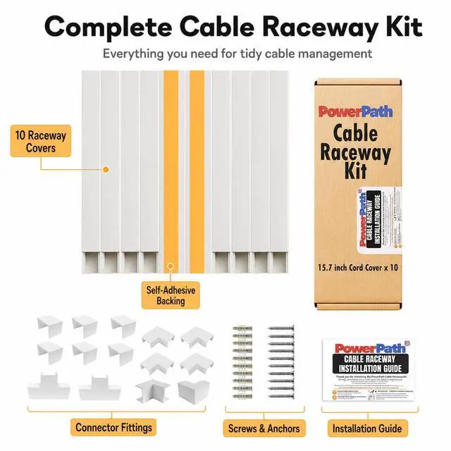 Alt view image 2 of 6 - Cable Management Kit | 157" Cord Hider Kit | 10 Pcs x 15.7in Paintable Cable Raceway with Connectors | T & L Corners | Inside & Outside Elbows | Home Office Essentials | Wall Cable Concealer for TV