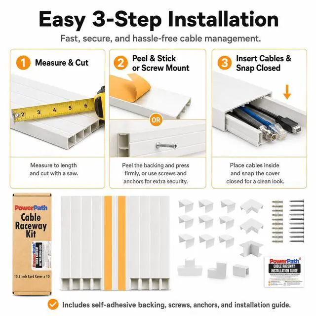 Alt view image 4 of 6 - Cable Management Kit | 157" Cord Hider Kit | 10 Pcs x 15.7in Paintable Cable Raceway with Connectors | T & L Corners | Inside & Outside Elbows | Home Office Essentials | Wall Cable Concealer for TV