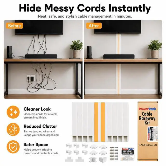 Alt view image 6 of 6 - Cable Management Kit | 157" Cord Hider Kit | 10 Pcs x 15.7in Paintable Cable Raceway with Connectors | T & L Corners | Inside & Outside Elbows | Home Office Essentials | Wall Cable Concealer for TV