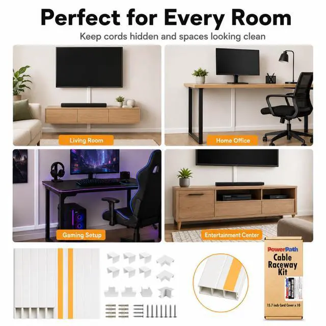 Alt view image 5 of 6 - Cable Management Kit | 157" Cord Hider Kit | 10 Pcs x 15.7in Paintable Cable Raceway with Connectors | T & L Corners | Inside & Outside Elbows | Home Office Essentials | Wall Cable Concealer for TV