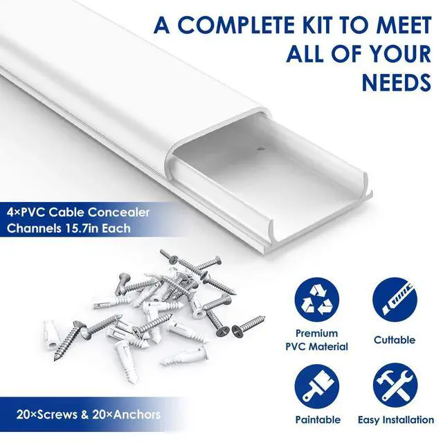 Alt view image 7 of 7 - Cord Hider, 62.8in Cord Covers for 6-8 Wires on Wall, Cable Hider Cable Management, Wire Hiders for TV on Wall, Wire Covers for Cords, Cable Cover Wall, 4X L15.7 W2.36 H0.75in, White