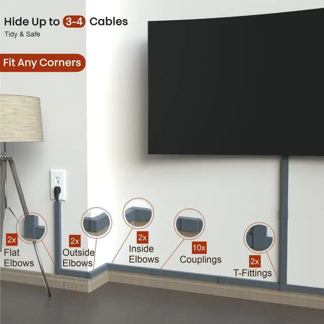 Alt view image 4 of 7 - Grey Cable Cover Cord Hider - 157in Wire Hider on Wall Mounted, Grey Cord Cover Kit for Wall Mounted TV, Hide Wires Along Wall, Decorative Cable Raceway, Electrical Cable Concealer, Gray Cable Channel