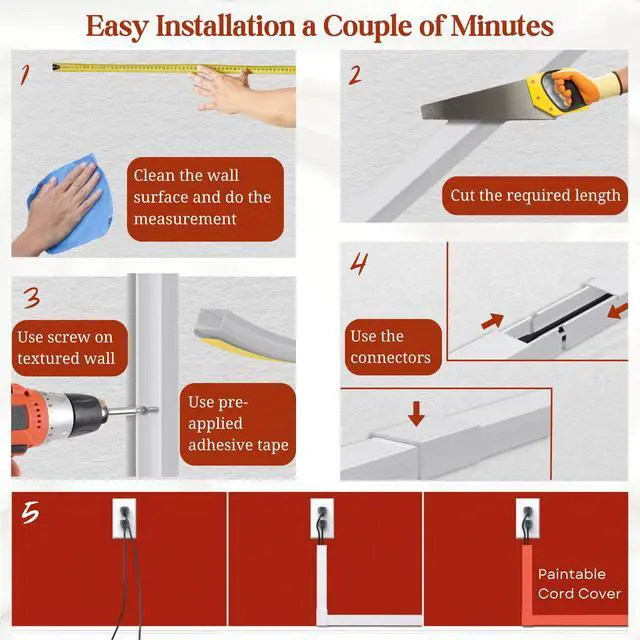 Alt view image 7 of 7 - Grey Cable Cover Cord Hider - 157in Wire Hider on Wall Mounted, Grey Cord Cover Kit for Wall Mounted TV, Hide Wires Along Wall, Decorative Cable Raceway, Electrical Cable Concealer, Gray Cable Channel