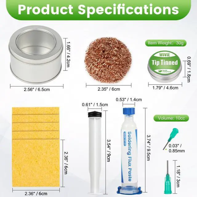 Alt view image 2 of 7 - Soldering Tip Cleaning Kit, Includes Tip Tinner Brass Wire, Solder Wick, Cleaning Sponge, Solder Flux & Solder Iron Tips