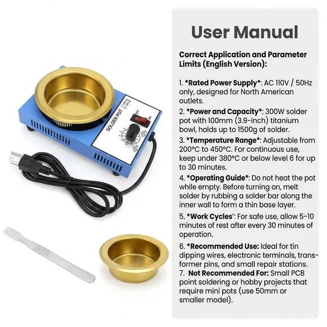 Alt view image 2 of 7 - Solder Pot, 300W 110V, 100mm Soldering Bath Titanium Plate, Capacity 1500g 200-450°c,Include Extra 100mm pot& Solder Paste Scraper for Welding and Soldering Bath