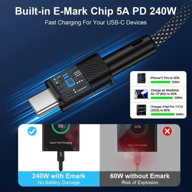 Alt view image 3 of 7 - 240W USB-C Charge Cable Fast Charging for iPhone 17 Pro Max 17 Air 16E 16 Pro Max 16Plus,10FT Long USB Type C to C Power Cable Android Phone Fast Charging Cord for Laptops MacBook iPad Air Galaxy S25